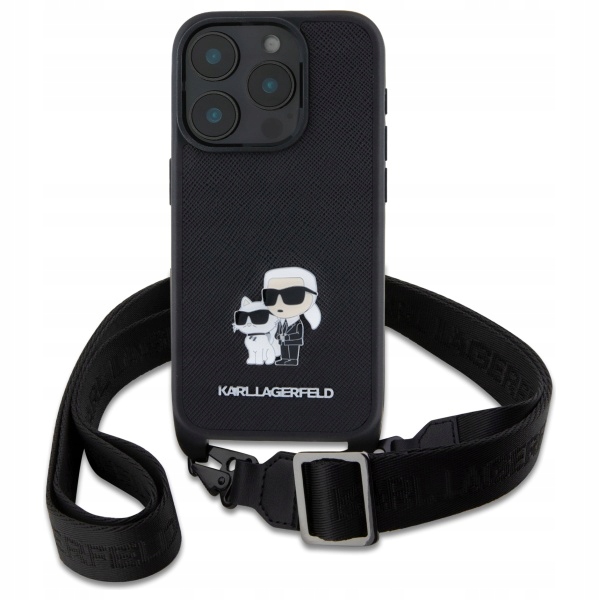 Karl Lagerfeld Saffiano Choupette Metal Pin Pouzdro pro iPhone 16 Pro černé