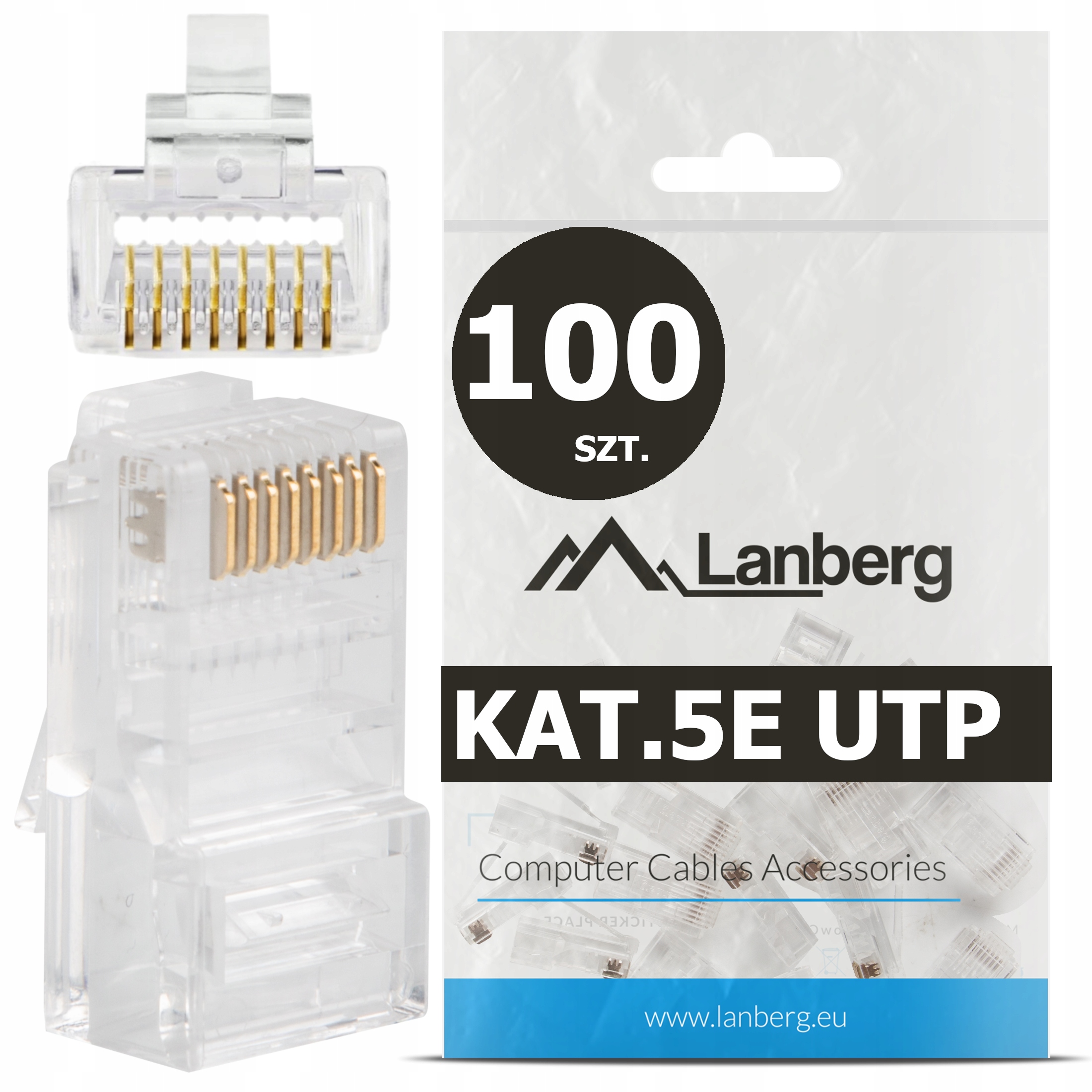 100 Szt. Końcówki Wtyk Wtyki RJ45 8P8C Utp KAT.5E CAT.5E Przelotowe Lanberg