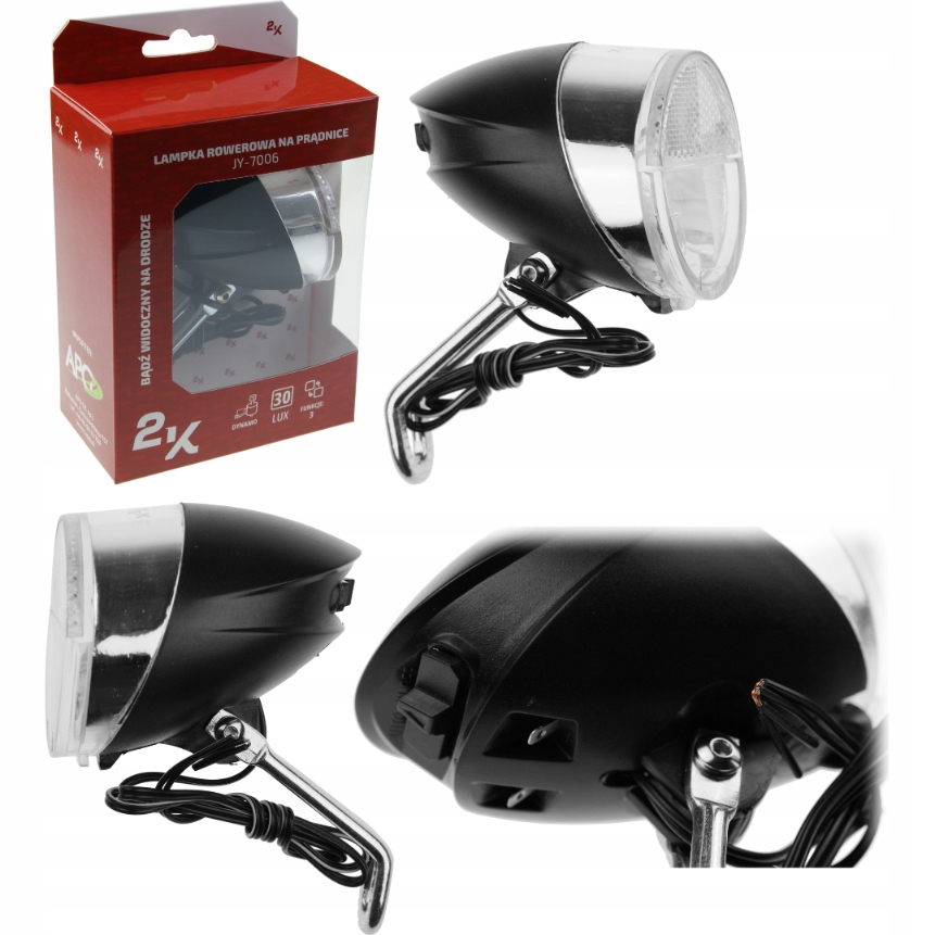 Lampa rowerowa przednia na dynamo z podtrzymaniem i odblaskiem 2K JY-7006