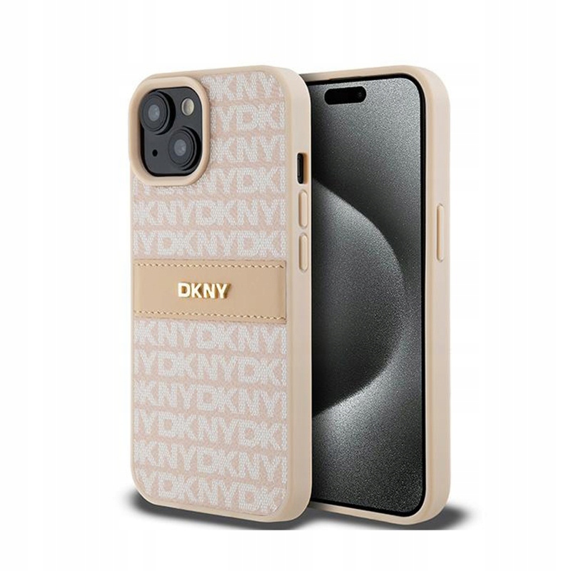 Dkny Leather Mono Stripe & Metal Logo Pouzdro pro iPhone 15 14 13 (růžové)