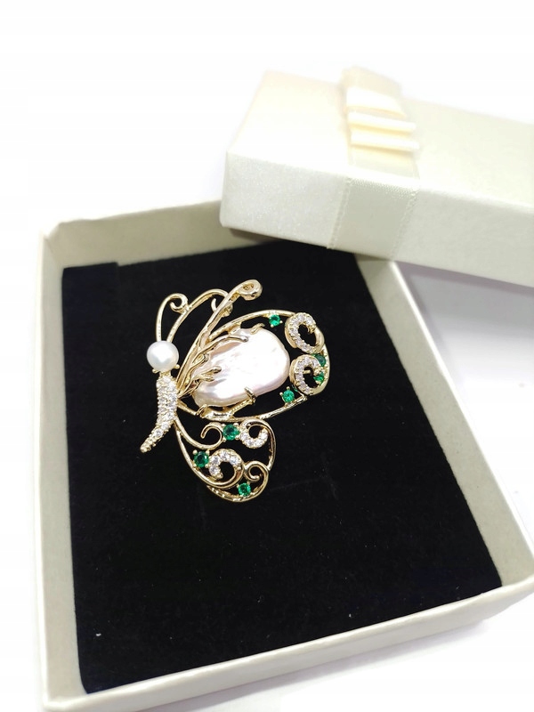 Luxusní Brož Motýl Zlatá 14K Gp Barokní Perla Krabička Jako Dárek