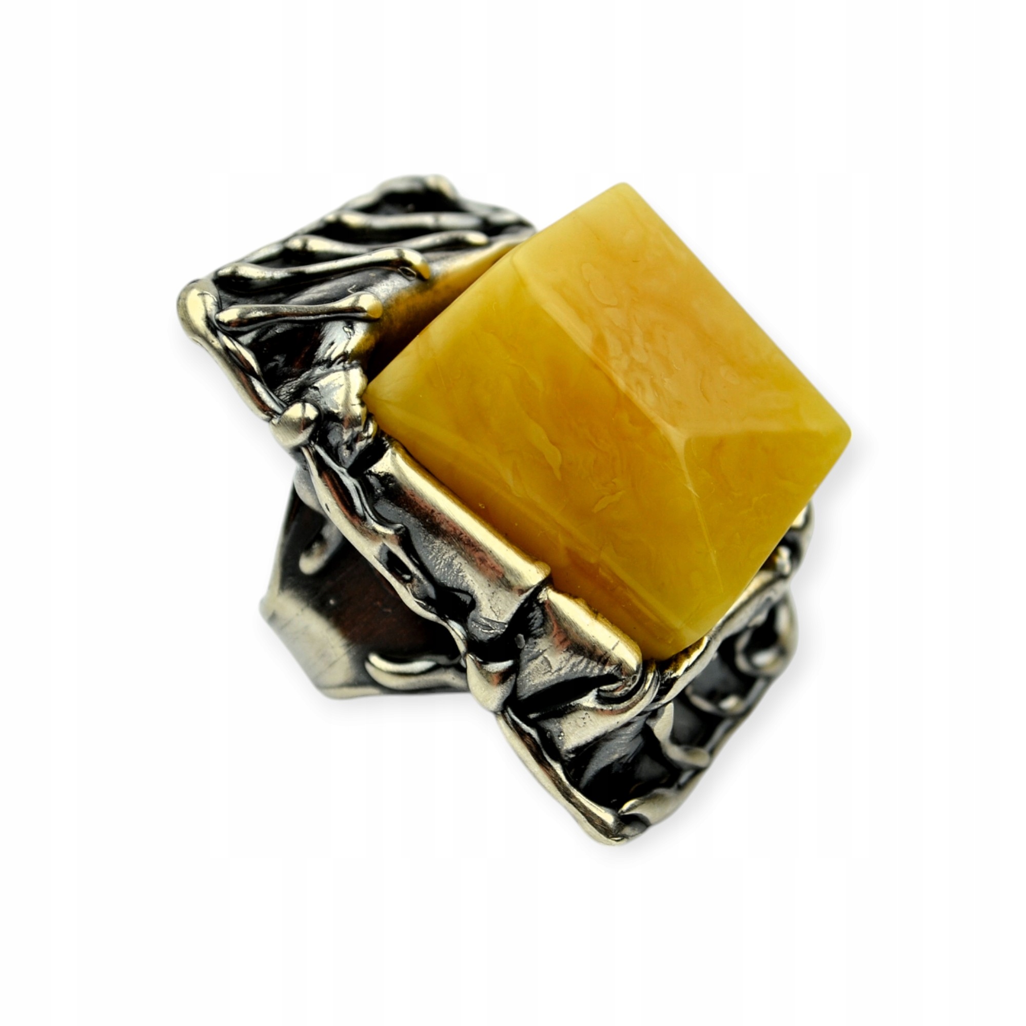 Velký Prsten Stříbro Medový Jantar Nastavitelný