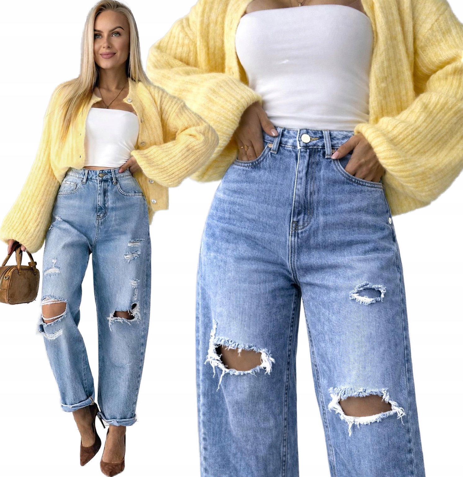 Jeansowe Spodnie damskie jeansy Balloon Jeans Mom Fit przetarcia XL Alabama