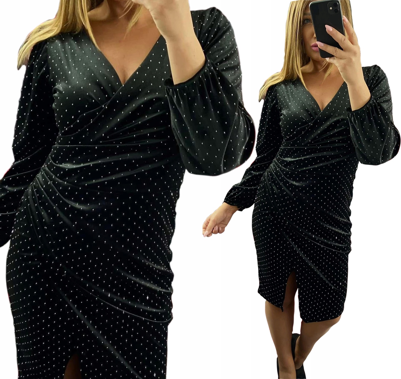 Šaty Elegantní MIDI Obálková vel.40 Bez vzorů Černá Glamour Nařasená