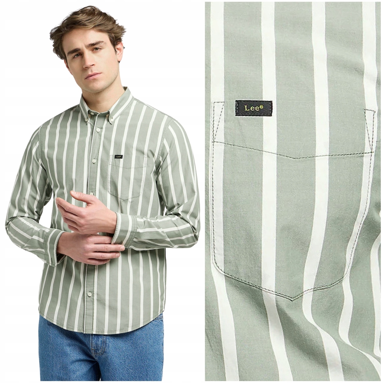 Lee Button Down Olive Stone Stripe pánská bavlněná pruhovaná košile S