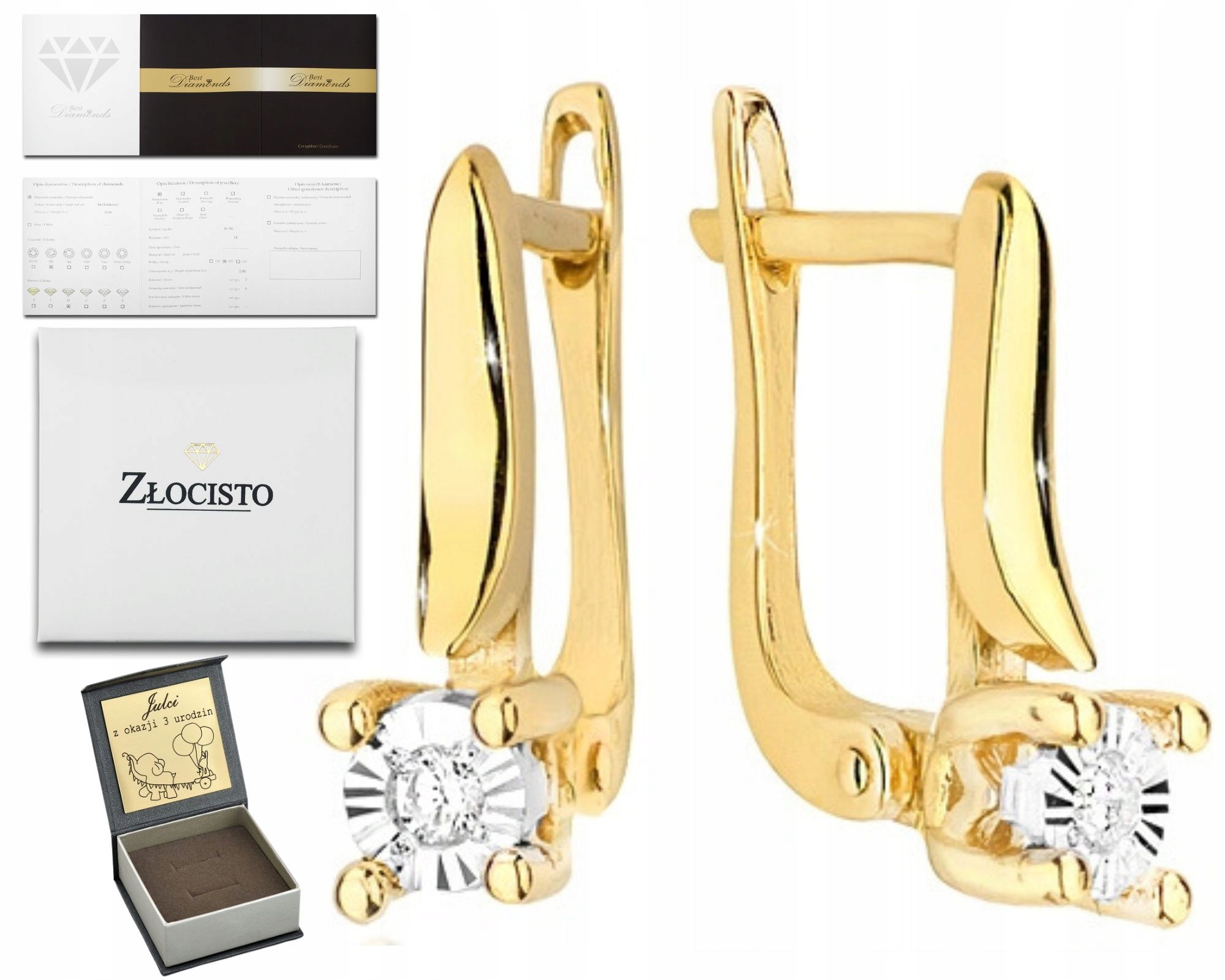 ZŁOTE KOLCZYKI Z BRYLANTAMI NA ANGIELSKIM ZAPIĘCIU