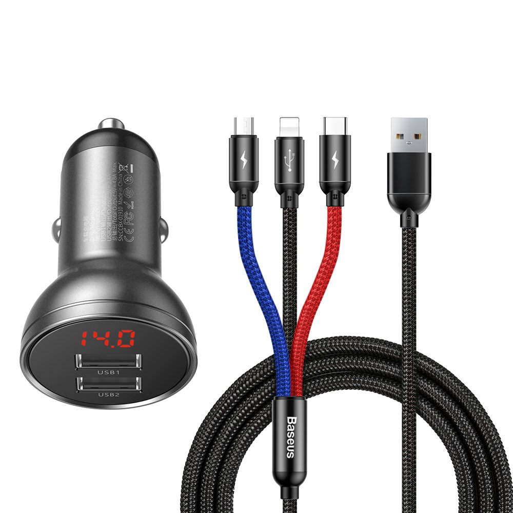 Ładowarka samochodowa 3w1 Baseus + kabel USB Typ C / micro USB/ Lightning