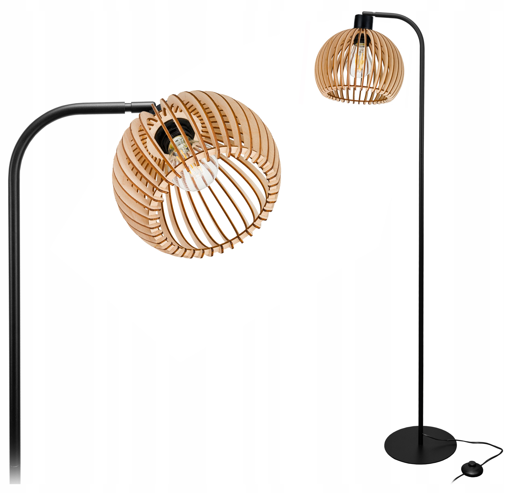 Podlahová Stojací Lampa Loft na 1 Led E27 nastavitelná Ohýbaná S Kloszem Dřevo