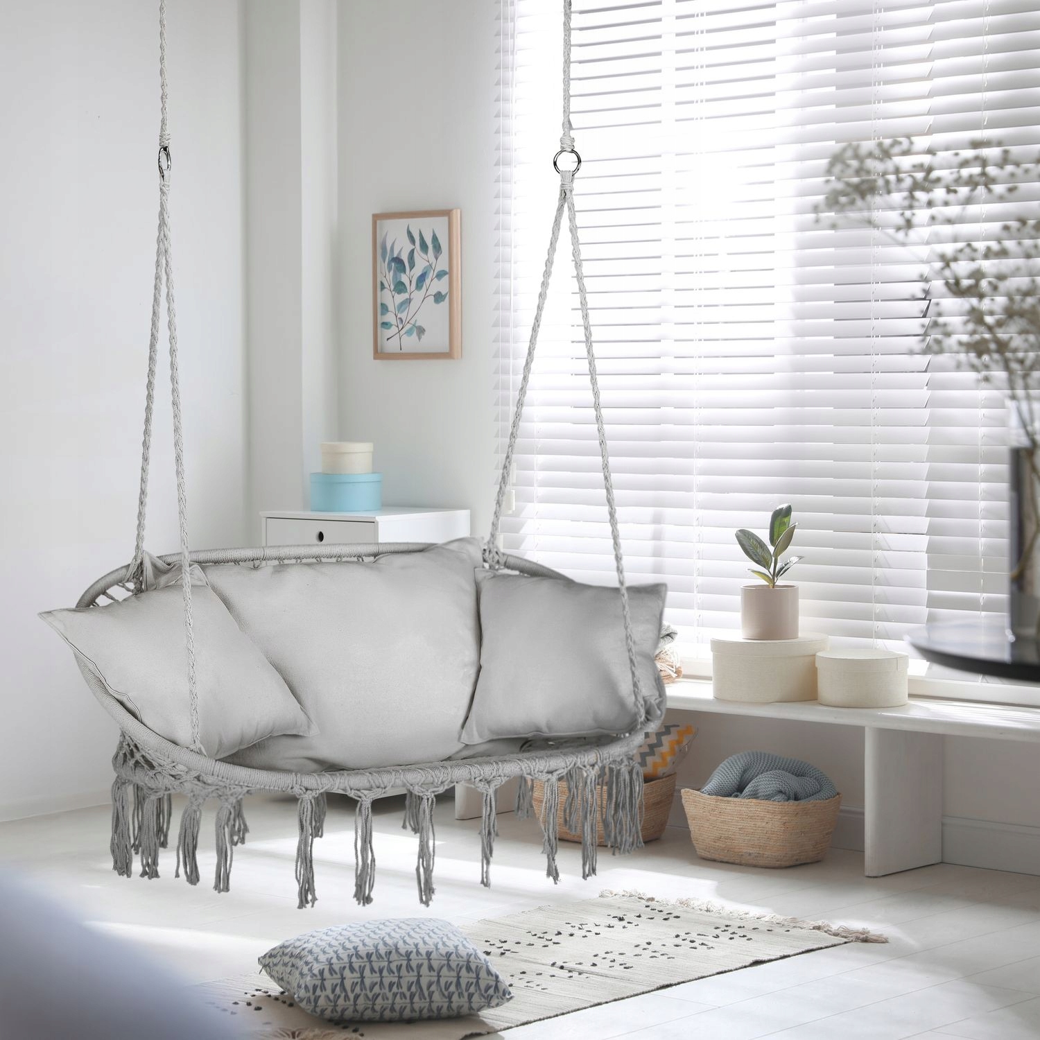 САДОВА ГОДІЛКА ПОДВІЙНЕ ПІДВІСНЕ САДОВЕ КРІСЛО З ПОДУШКАМИ BOHO OUTTEC Скандинавський стиль