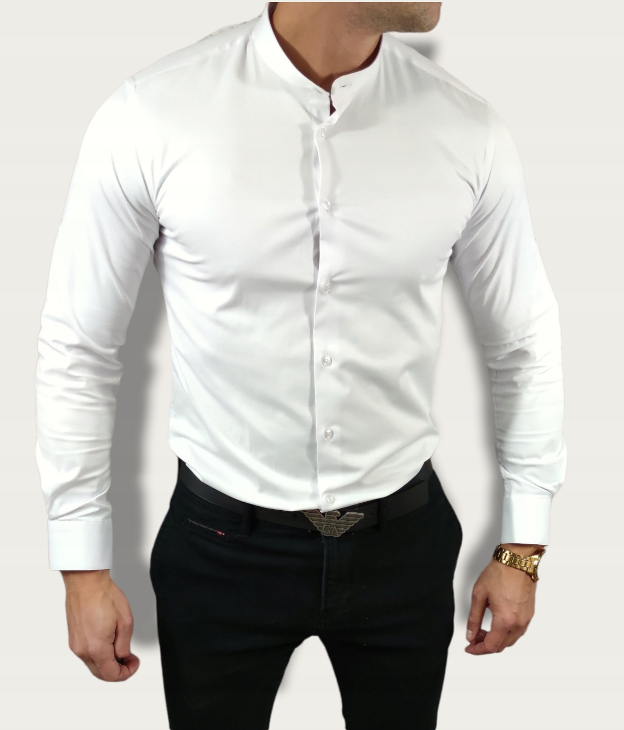 Košile elegantní se stojáčkem slim fit bílá ESP013 L