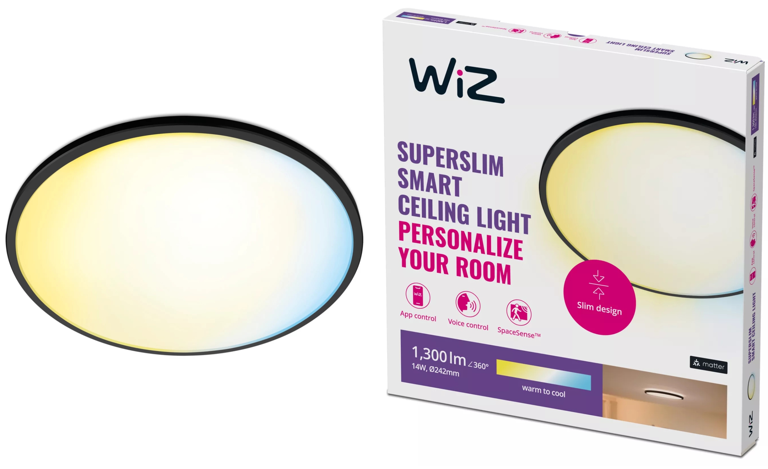 Stropní Svítidlo Led Stropní Svítidlo na omítku 14W Cct Černá Kulatý Smart WiFi WiZ