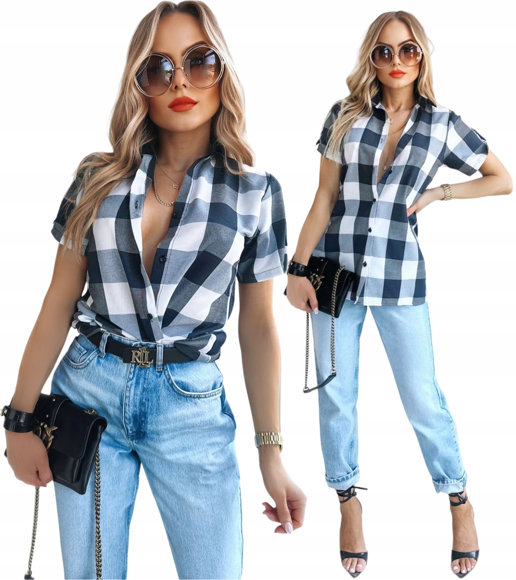 Stylowa KOSZULA DAMSKA w kratę krótki rękaw na lato