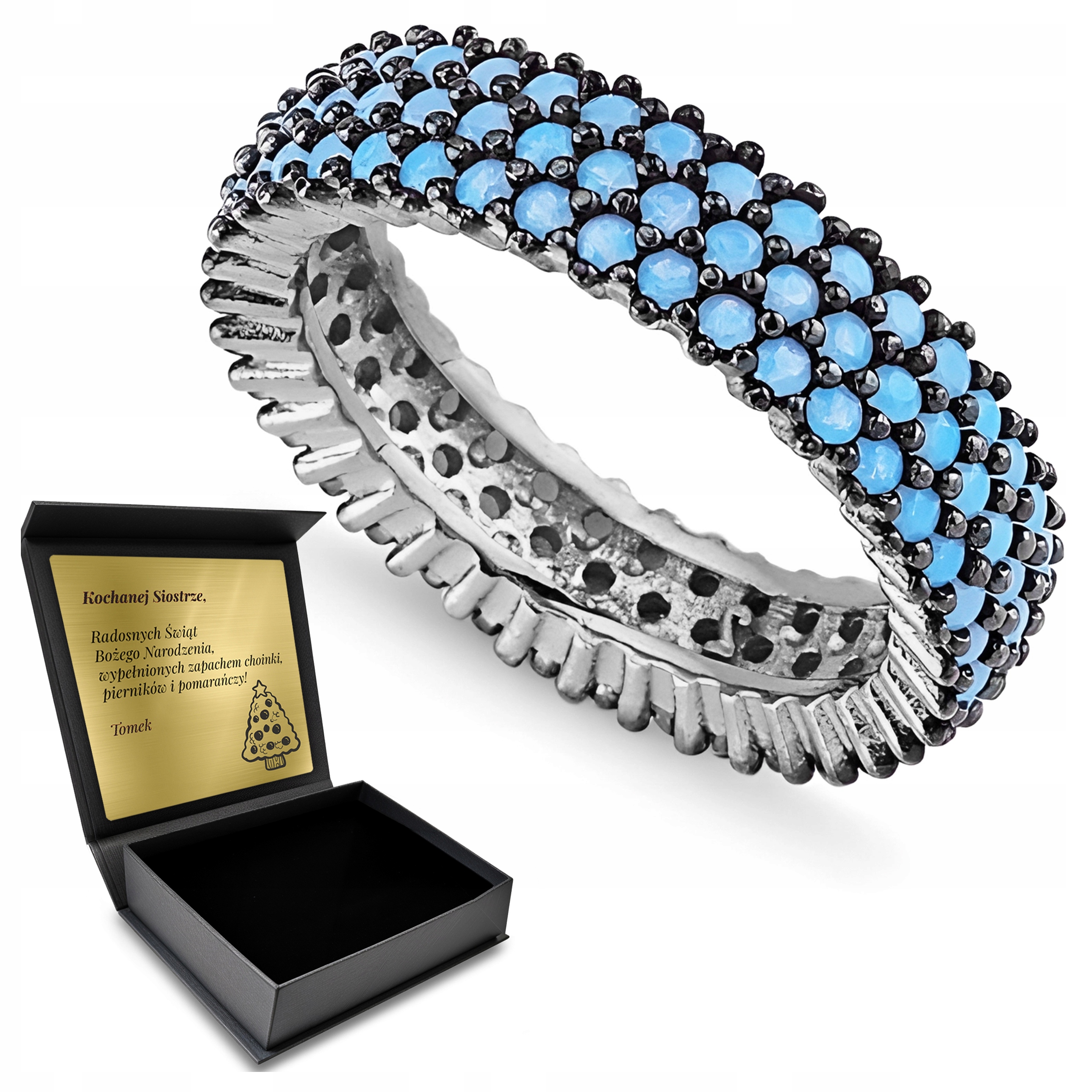 Stříbrný Prstýnek s kubickým zirkonem, modrým tyrkysem, Krabička Gravírování Bonus