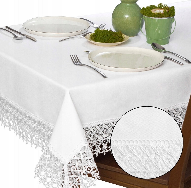 Bílý Ubrus na stůl Hladký s gipiurou 140x240 obdélník imitace Len krajka