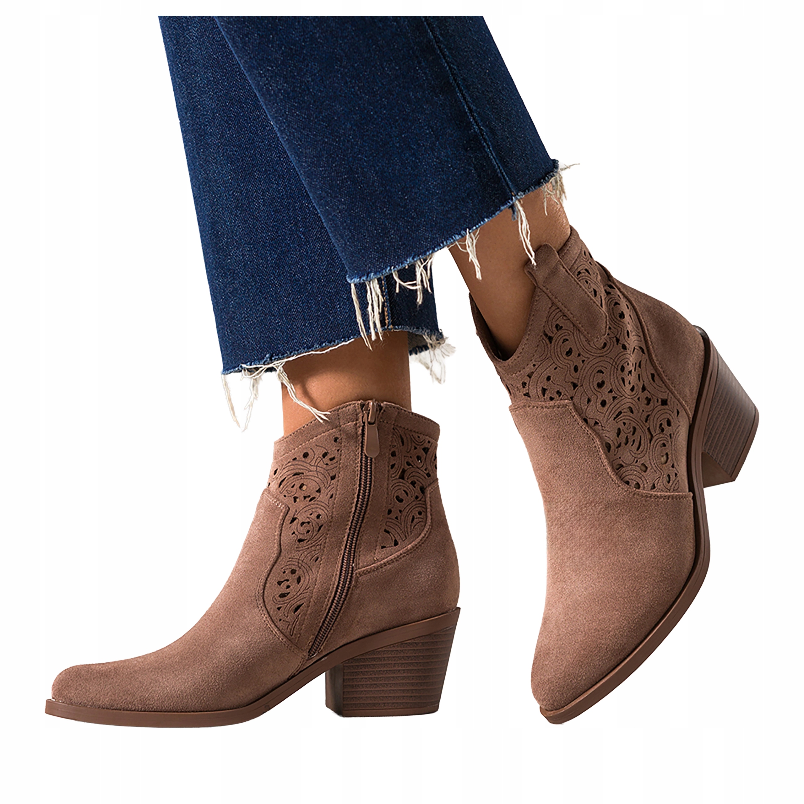 Kotníkové Boty Hnědé Dámské Kovbojské Boty Seříznutý podpatek Kostka Ažurová Svršek vel. 38