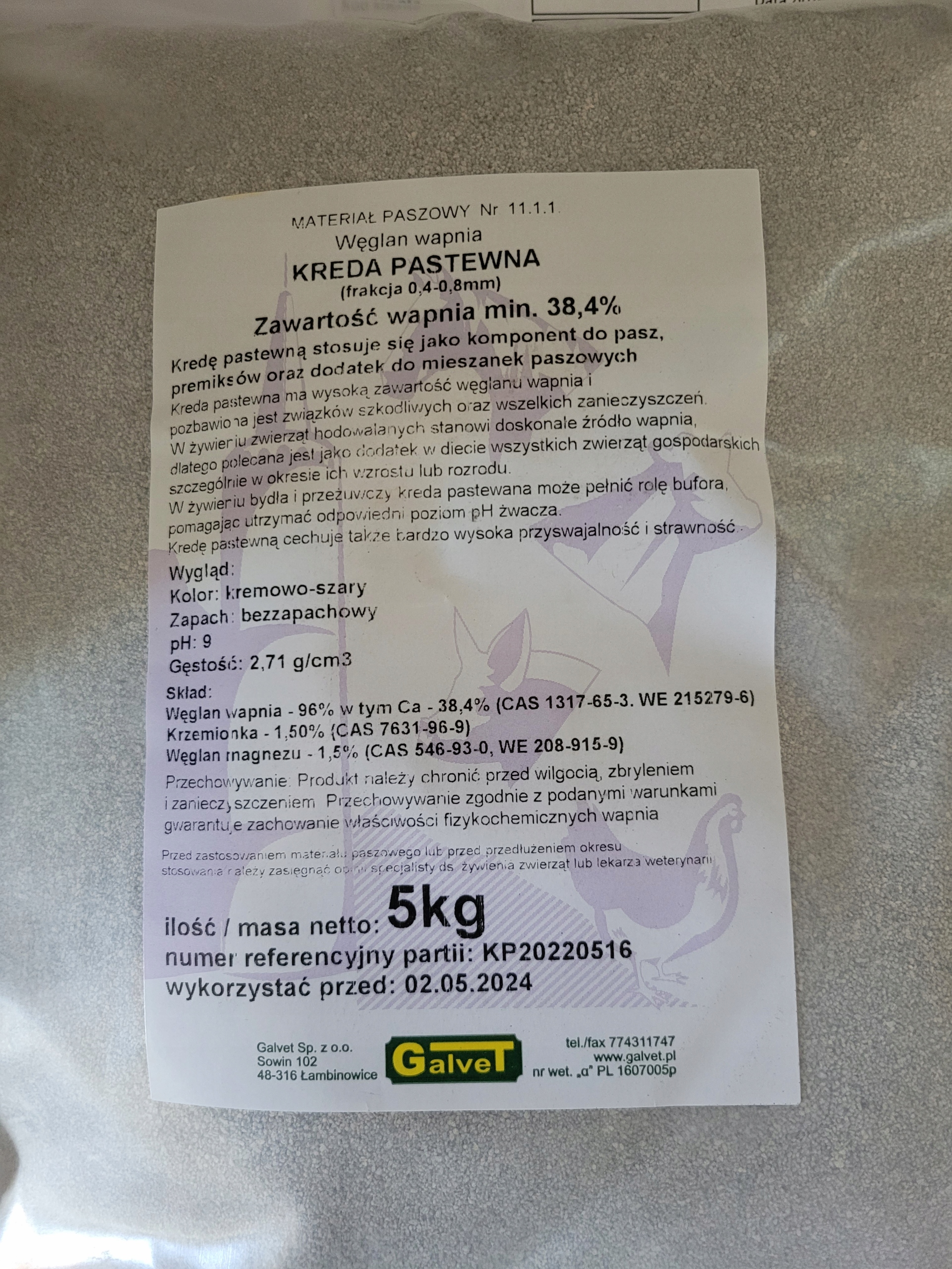

Kreda pastewna gruboziarnista wapń 0,4-0,8mm 5 kg