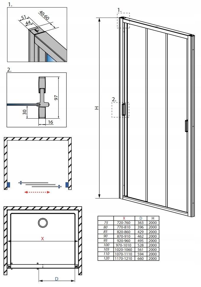 Drzwi prysznicowe przesuwne EVO DW 100x200 RADAWAY Szerokość produktu 100 cm