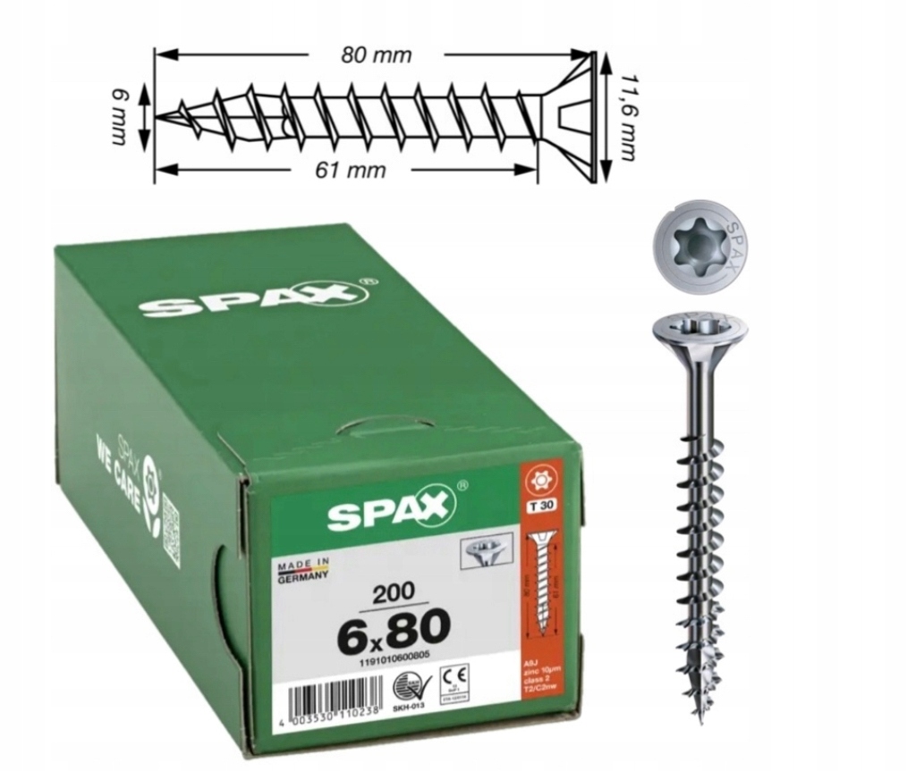 Univerzální vrut do dřeva spax 6 x 80 Wirox Tx 200 ks