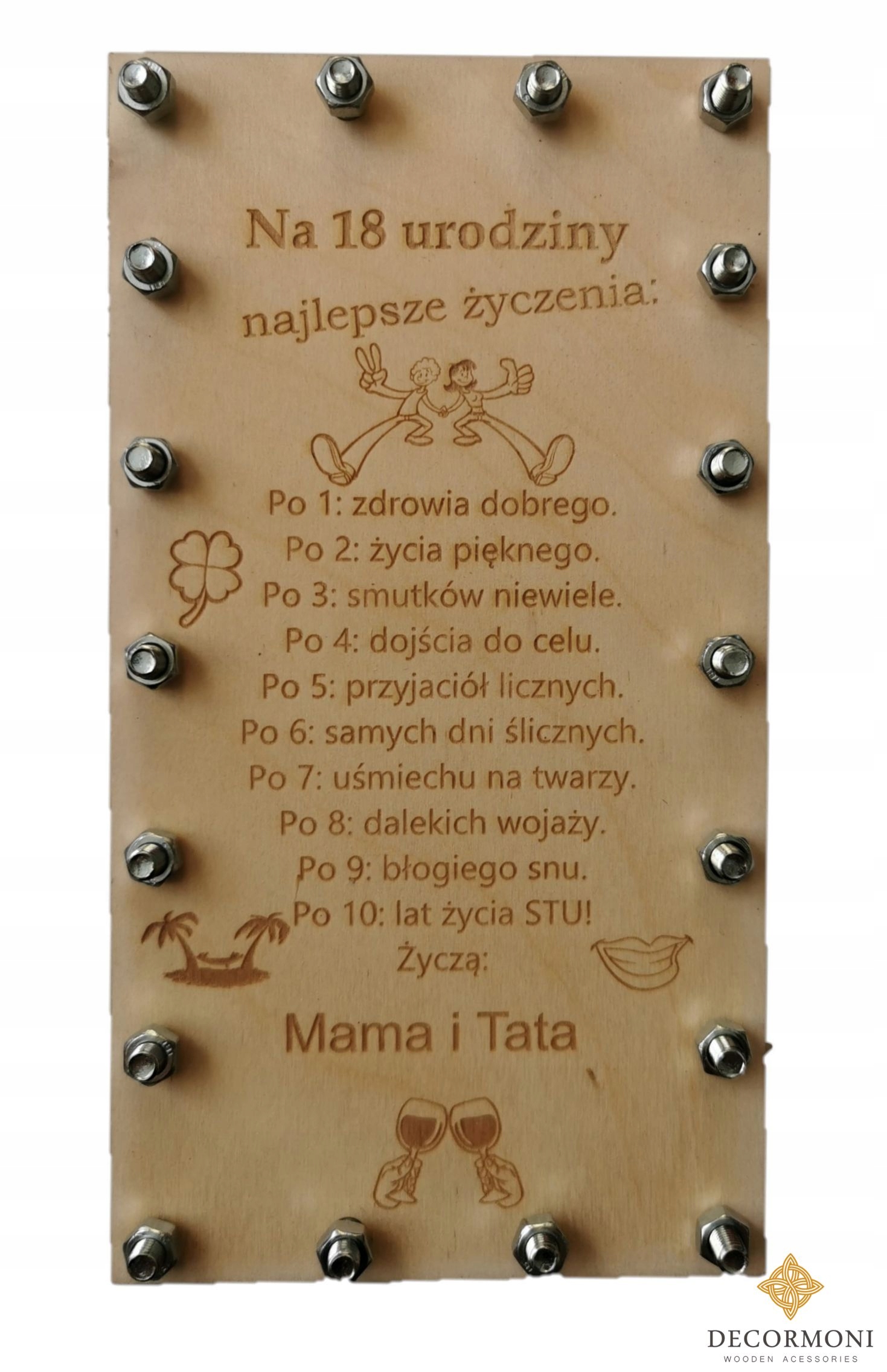 

Kartka drewniana na 18 z jajem 18 śrub