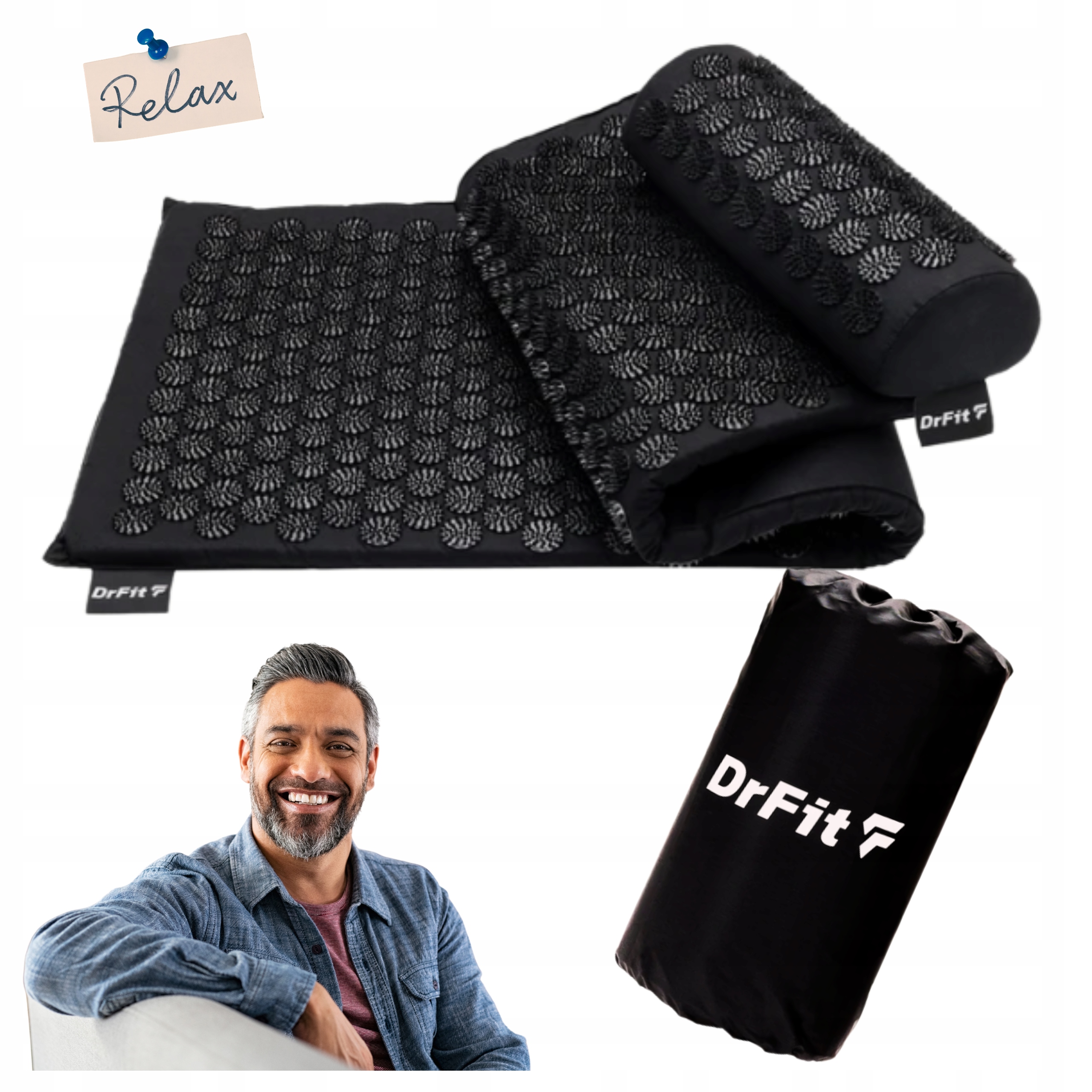 DrFit Mata do akupresury z kolcami długa 130x50 cm poduszka czarna