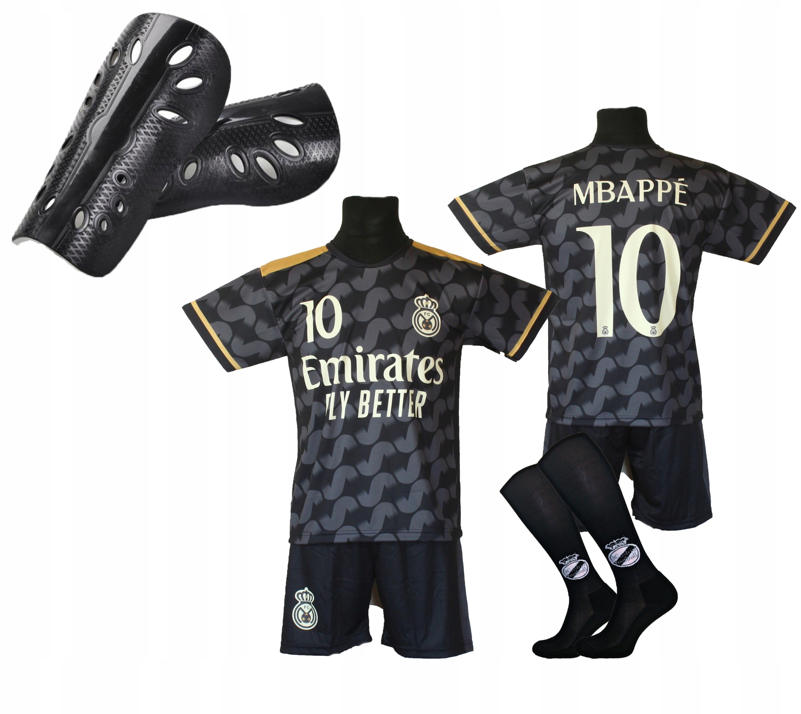 Fotbalové oblečení Mbappe černé tričko kraťasy štulpny chrániče 140