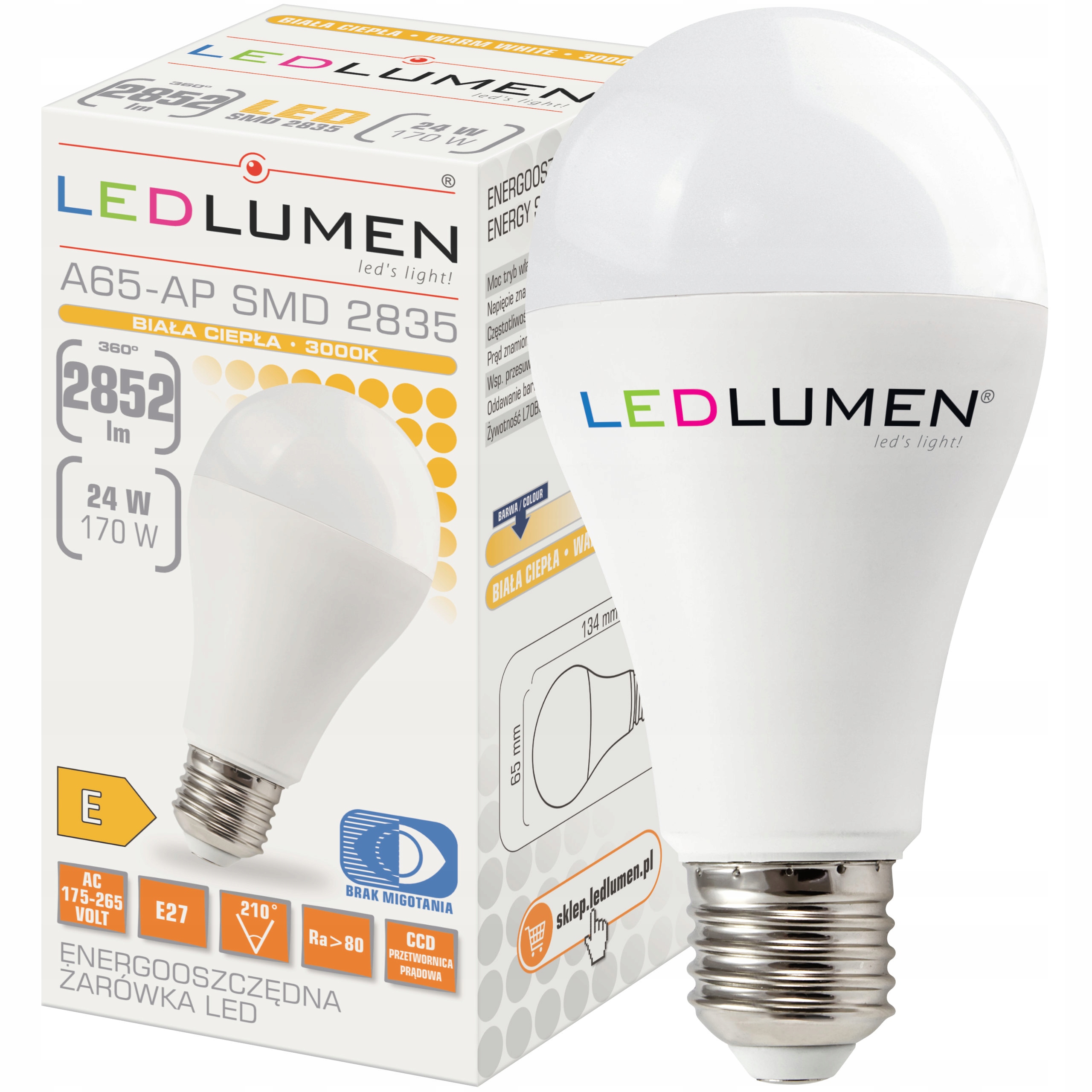

Żarówka Led E27 A65 24W=170W 2835 Smd 2852lm CCD