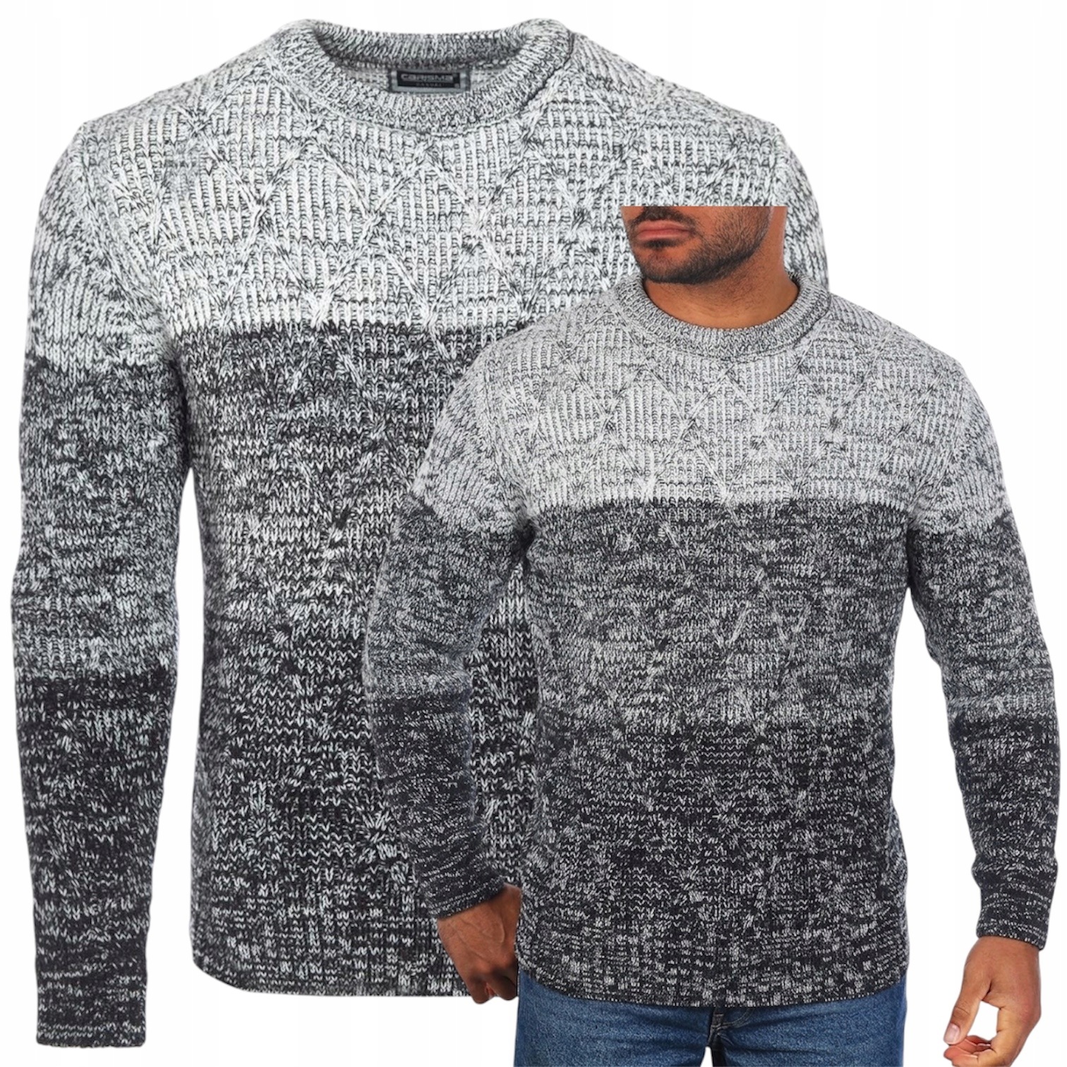 Pánský svetr Elegantní Tlustý Teplý Romby Ombre Černý Dárek Casual XL