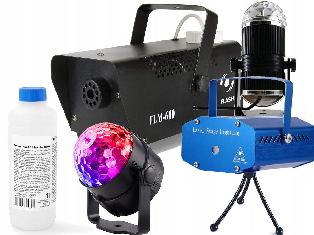 

Zestaw Laser Kula Led Maszyna do dymu Żarówa Led