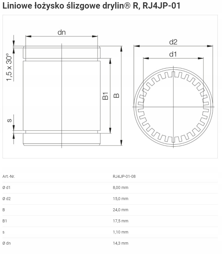 Łożysko liniowe 8mm LM8UU IGUS RJ4JP-01-08 x 4szt. Producent IGUS
