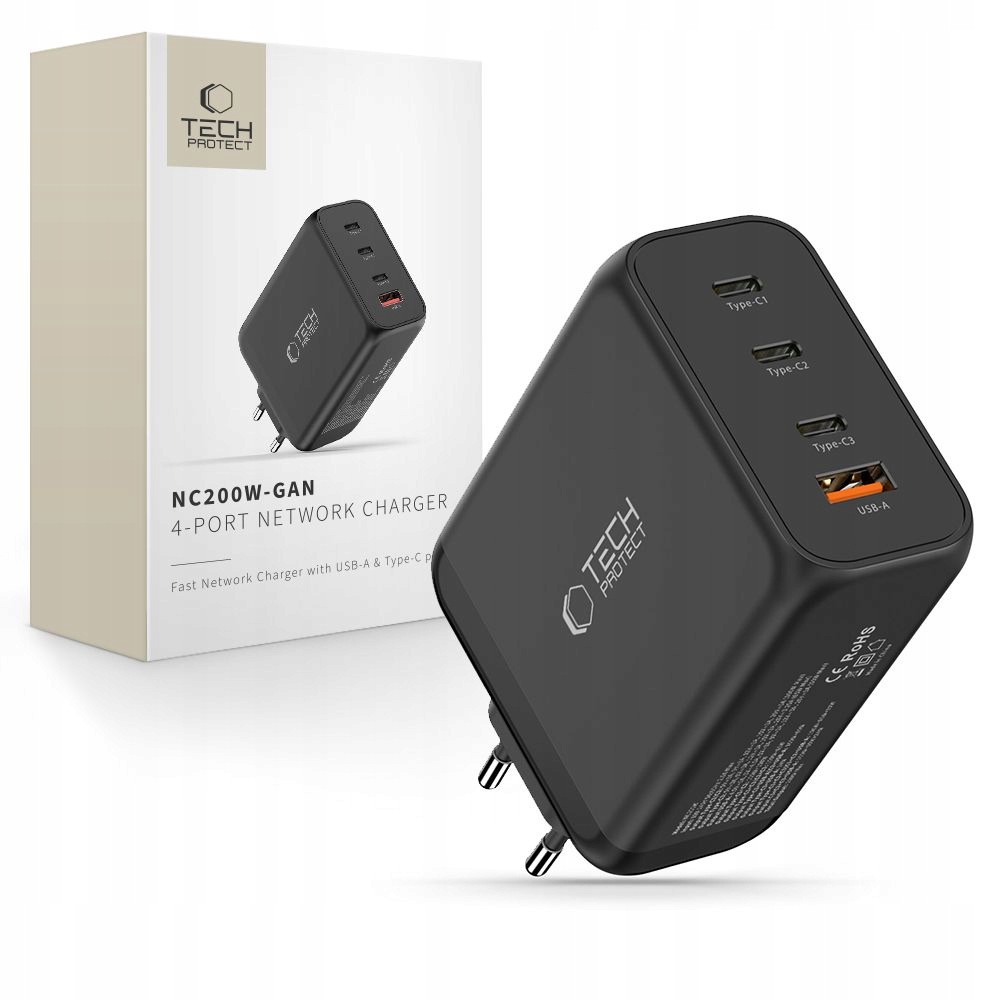 Tech-protect NC200W-GAN 4-PORTOVÁ Síťová Nabíječka Pd 200W QC3.0 Černá