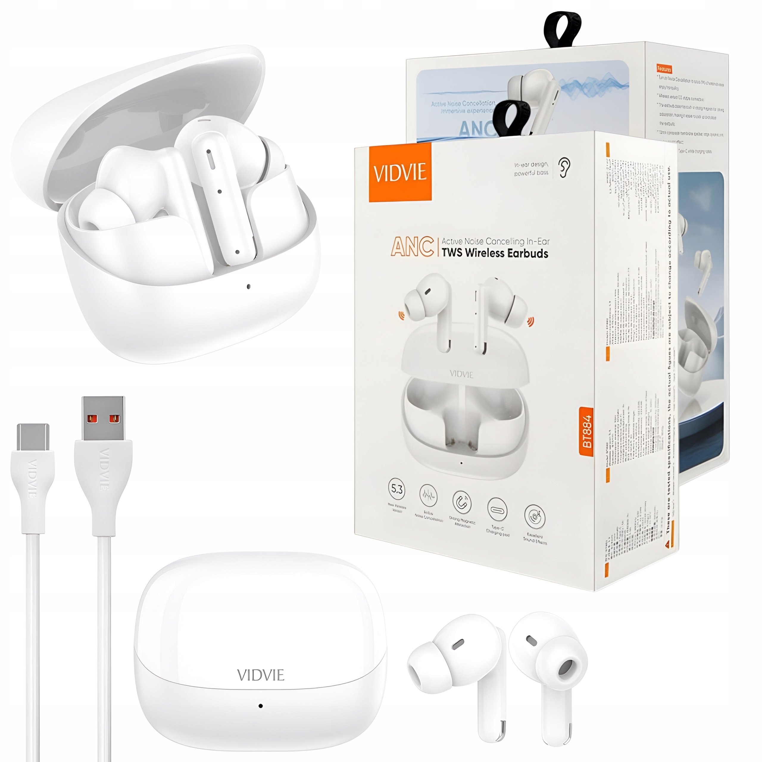 Bezdrátová sluchátka Bluetooth Anc Vidvie BT884 bílá kabel