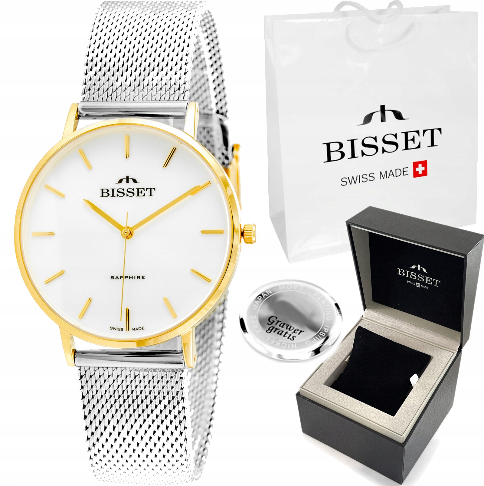 Švýcarské dámské hodinky Bisset Aritte Safír grafitově zlaté S Gravírováním