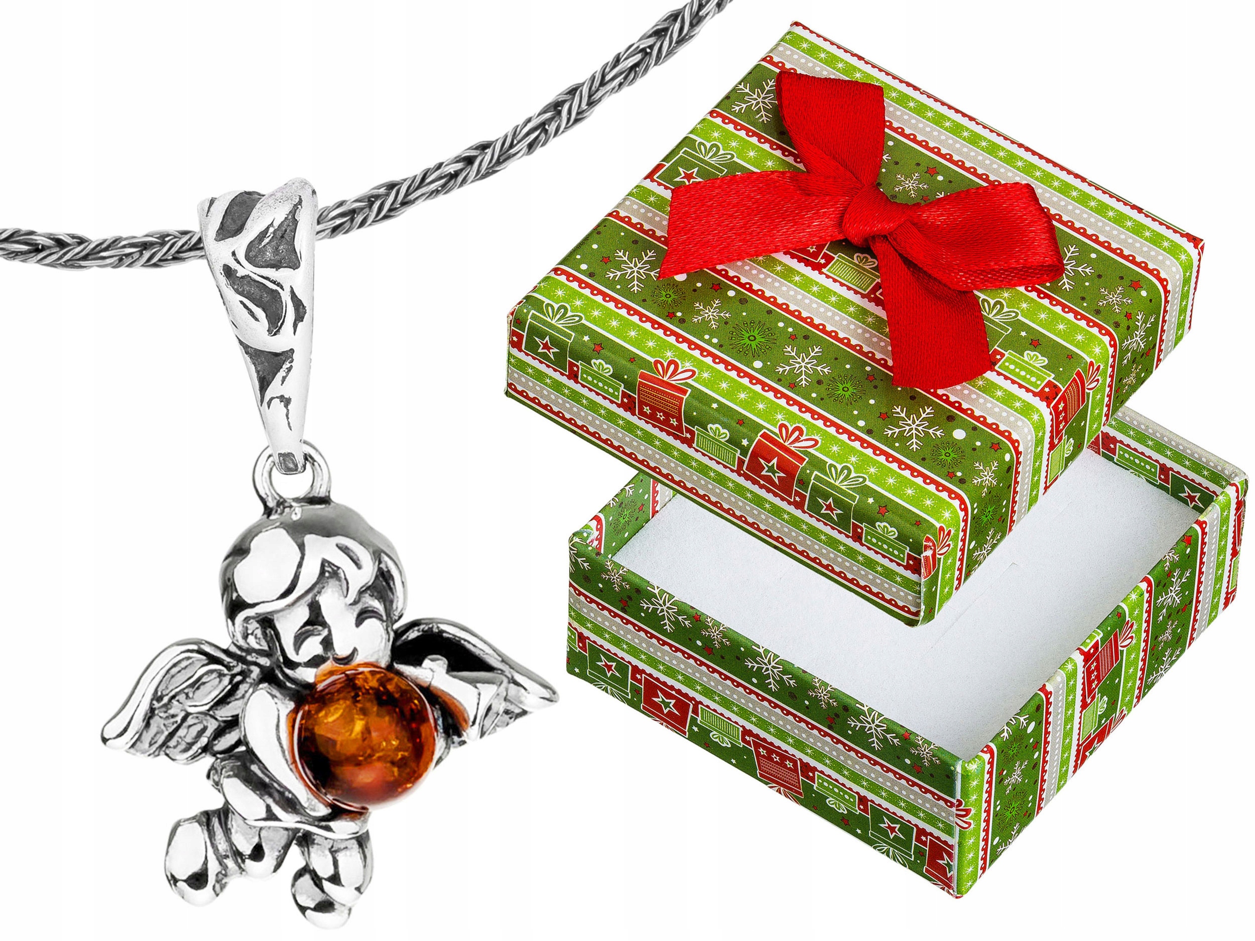 Dlouhý stříbrný dámský oxidovaný náhrdelník Anděl s jantarem Choker 70