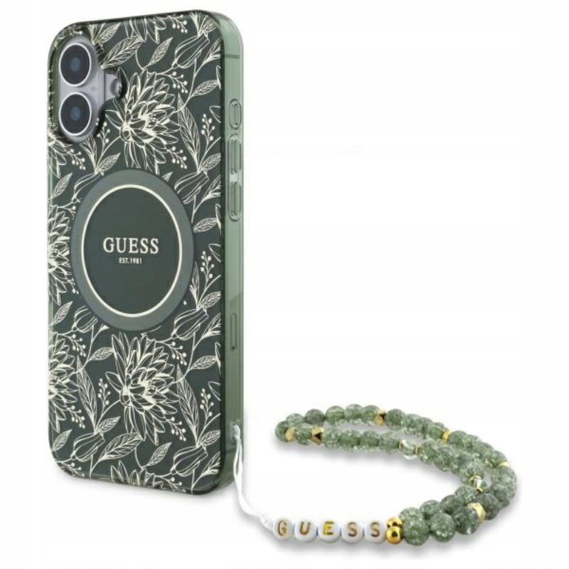 Guess IML Flowers Allover Electro With Pearl Strap Pouzdro iPhone 16 Plus