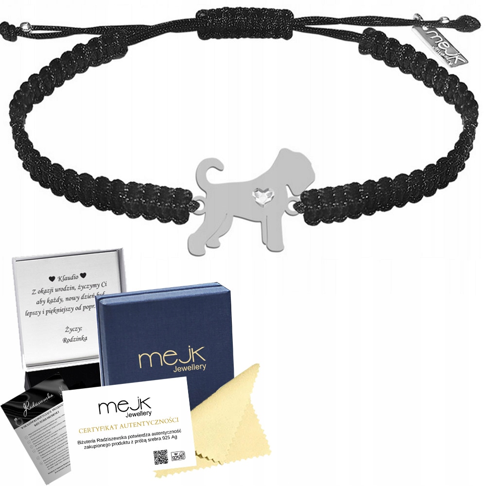 Stříbrný náramek s černým ruským teriérem 925 Makramé Gravírování Bonus