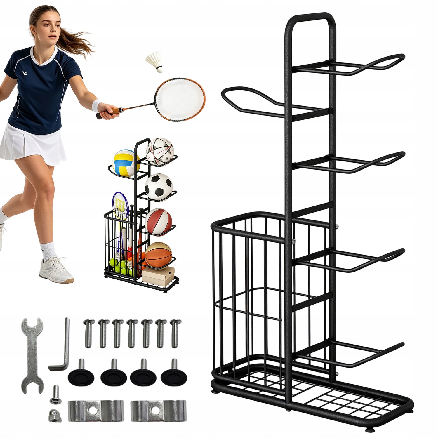 Stojak Na 5 Piłek Uniwersalny Organizer Sportowy Metalowy Czarny Z Koszem