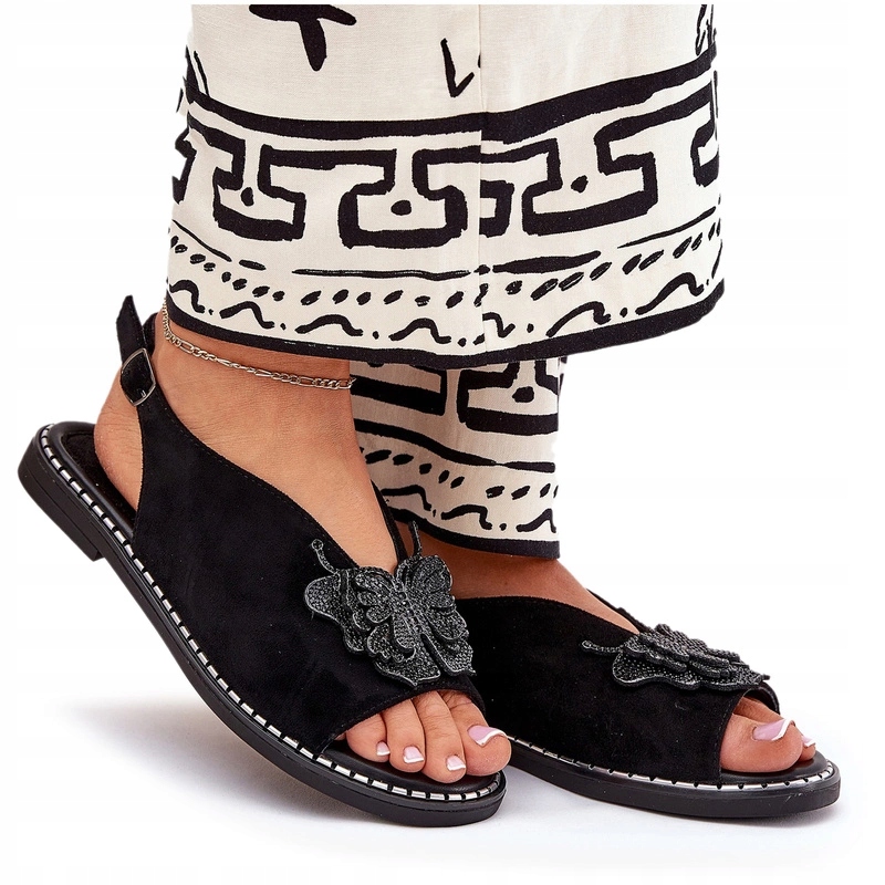 Dámské Sandály S Eko Semišovou Ozdobou Na Plochém Podpatku, Černé, Velikost 36