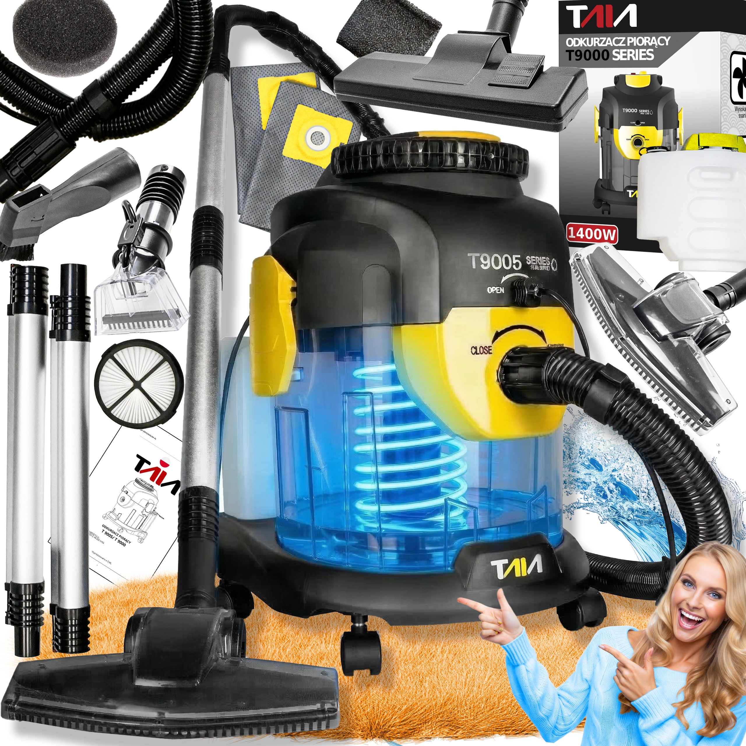 Mocny Odkurzacz Piorący Taia 2200W Do Dywanów Tapicerki 3L Nadmuch Turbo XL