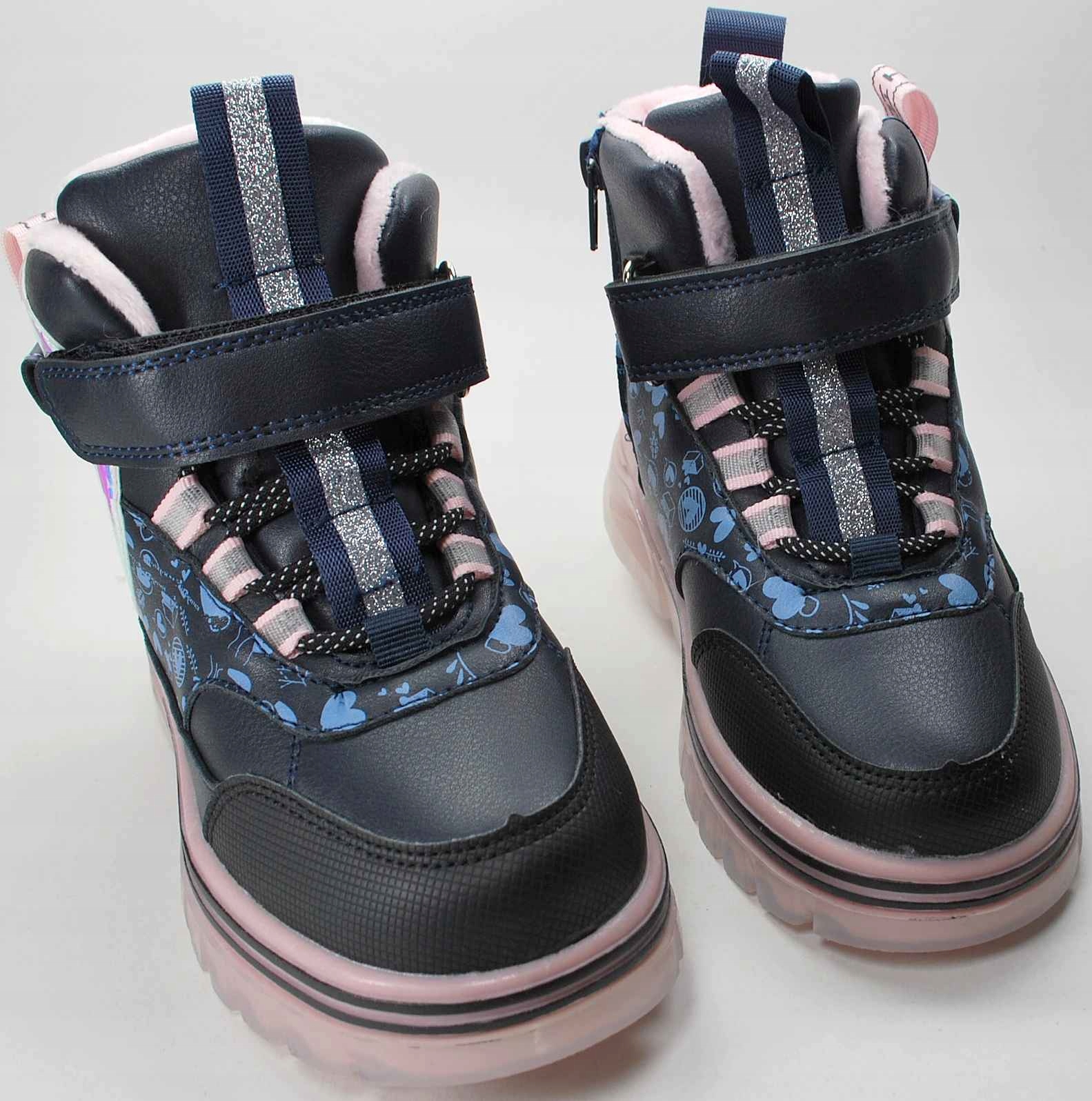 Granatowe ocieplane naturalnym futrem kozaki dla dziewczynki zima rzep 31 Kolor niebieski