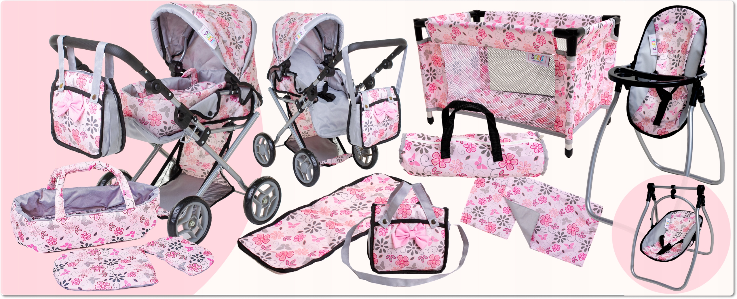 Wózek dla lalek 3w1 ŁÓŻECZKO KRZESEŁKO POŚCIEL TORBA PRZEWIJAK ZESTAW XXL Stan opakowania oryginalne