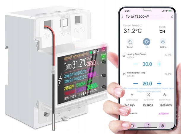 Termostat Tuya WiFi Ovladač Snímač teploty Smart Měří Watty 100A