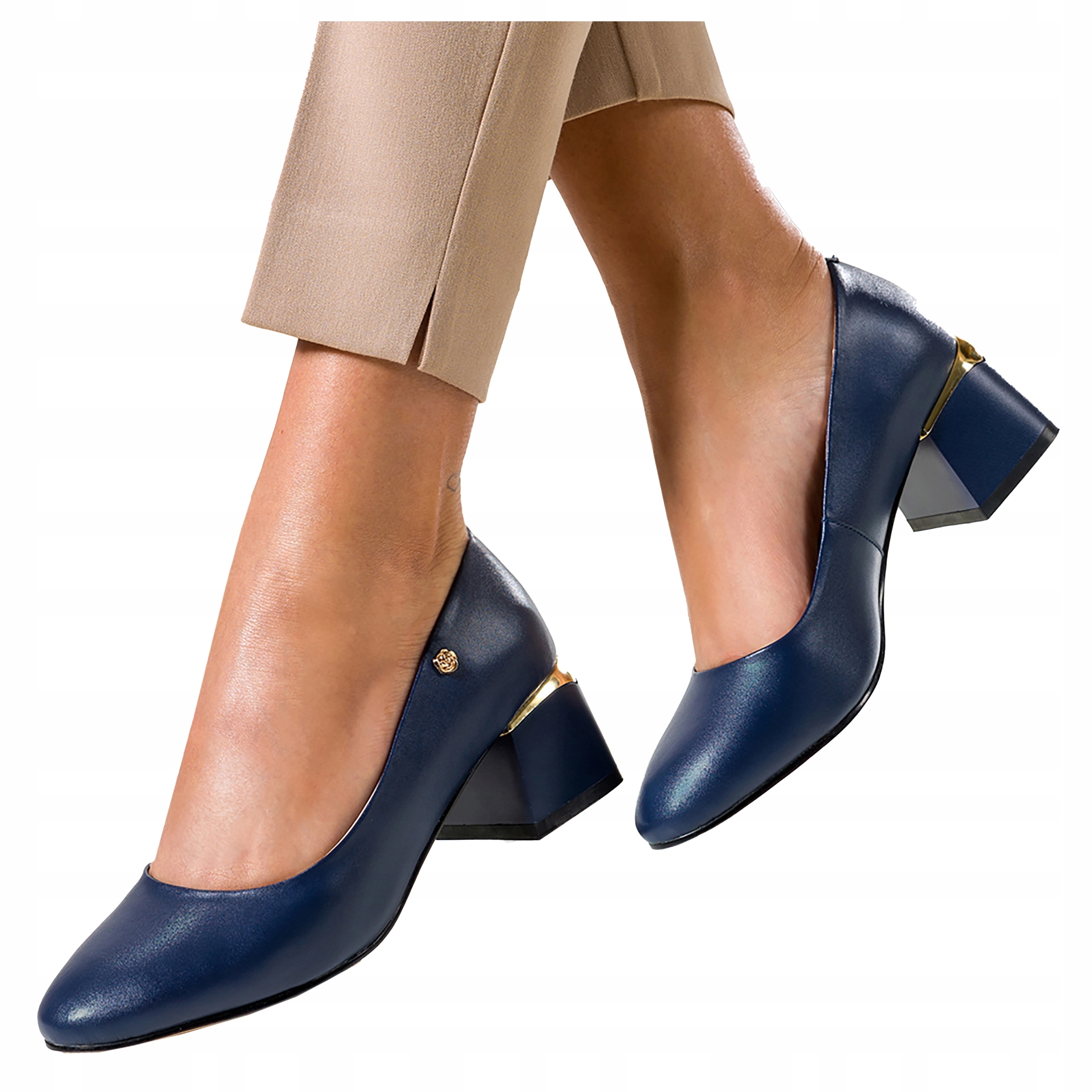 Dámské Lodičky Tmavě modré Modní Zlaté Kožené Ozdobné ozdoby Klocek r 41