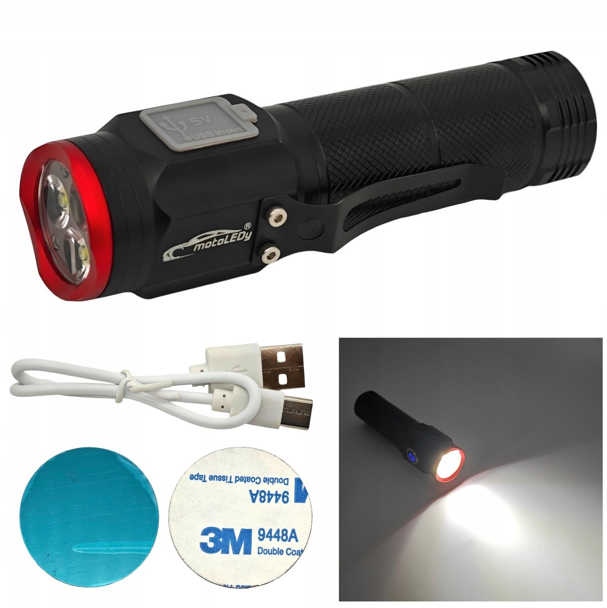 Latarka 3x Led z magnesem, 900lm, Usb C, 5 trybów pracy