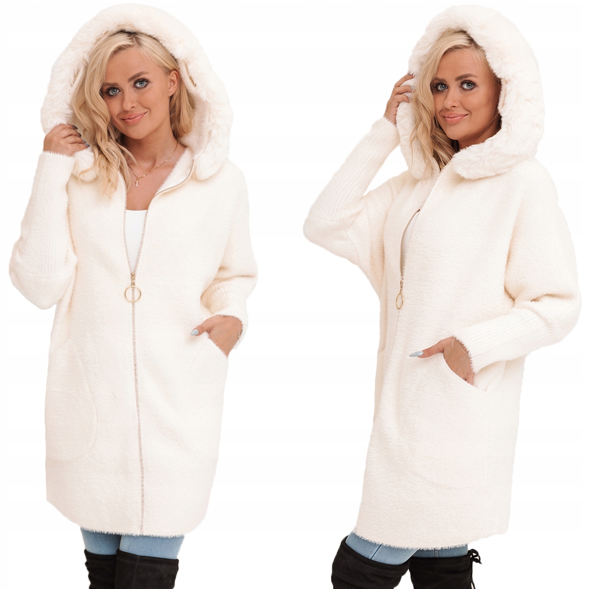 S Kožíškem Kabát Alpaka Na Zip Teplá Vlna Ecru