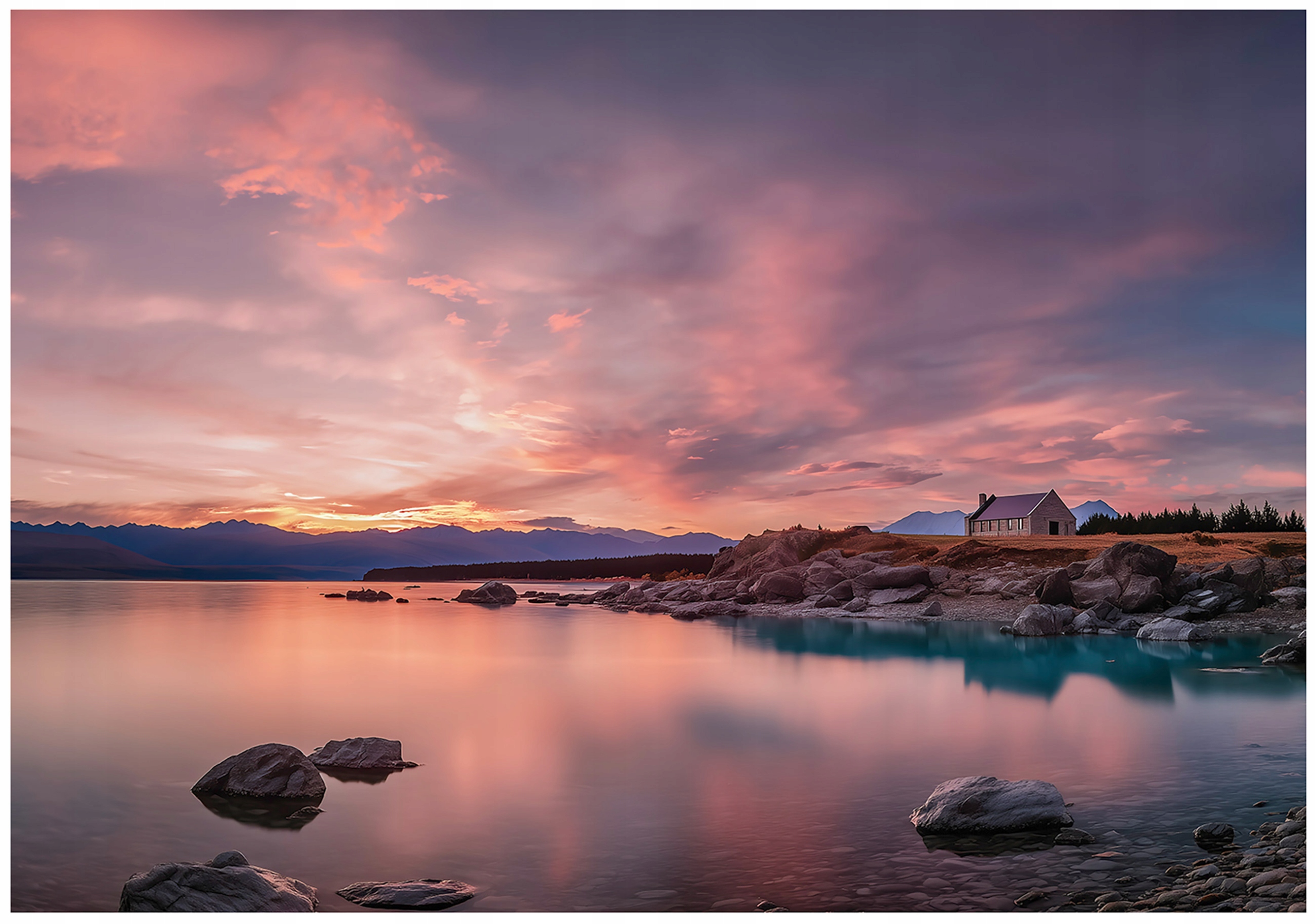 Fototapeta Jazero 3D Krajina Dom Mraky Ružová Príroda Slnko 400x280