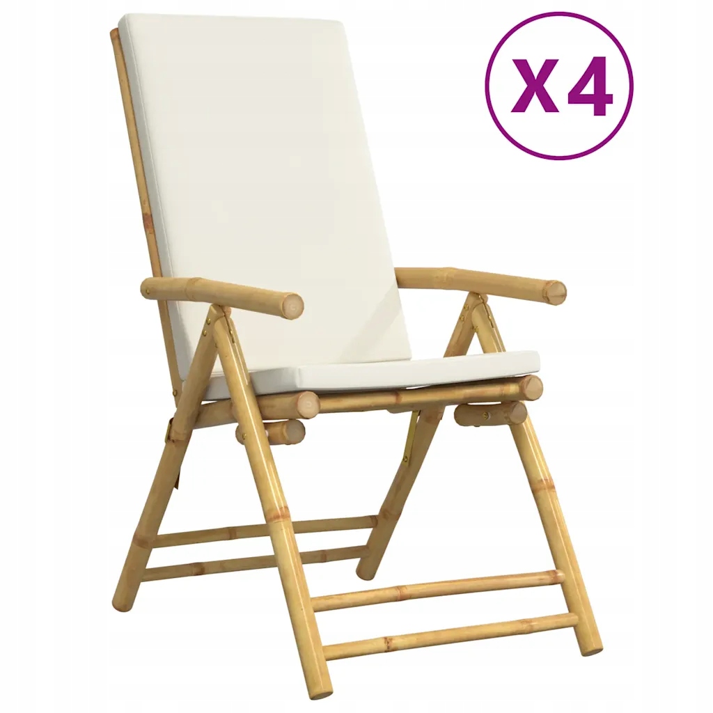 Bambusové zahradní skládací křeslo s krémovými polštáři 77 x 55 x 99-110 cm