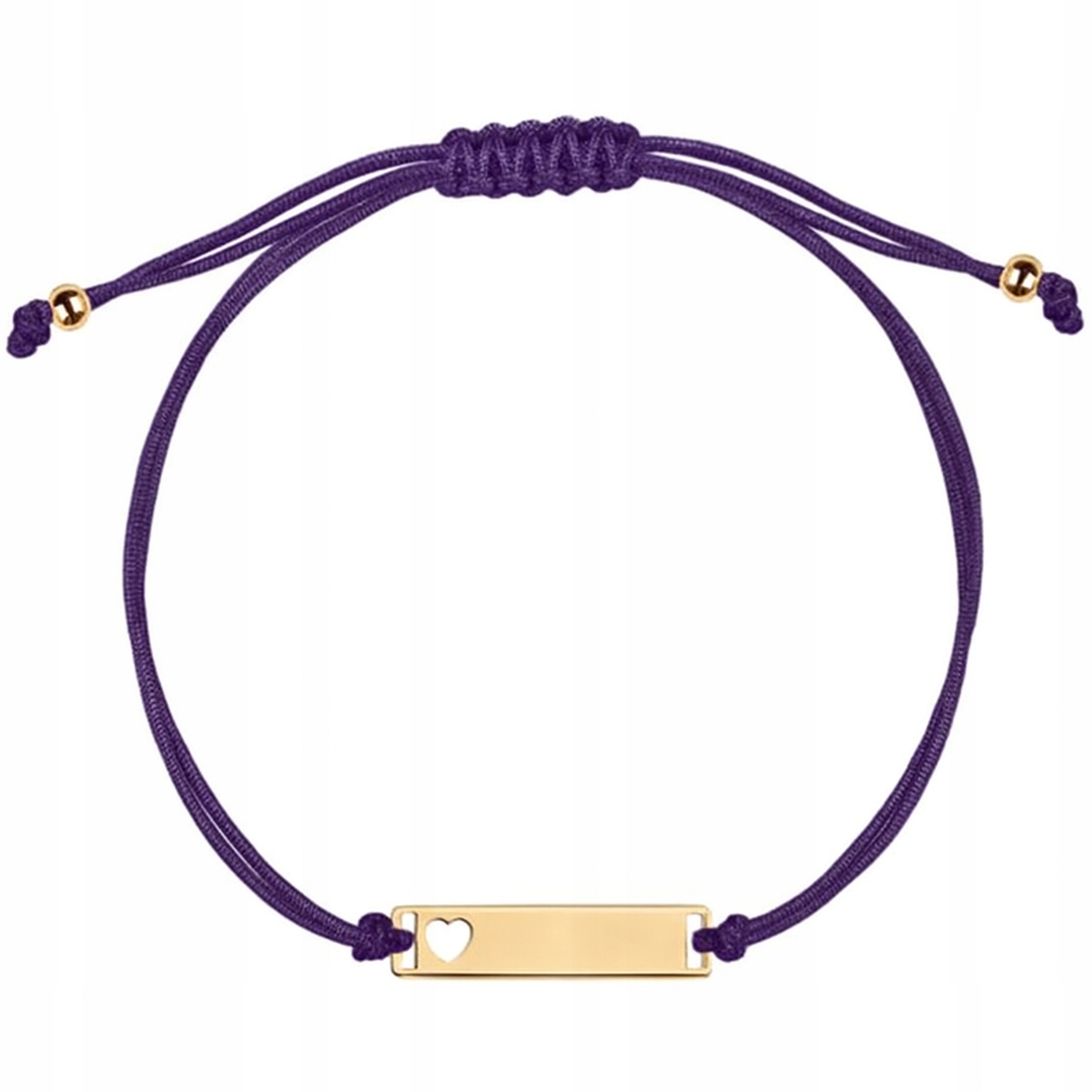 Zlatý náramek 585, fialová šňůrka s plechem a srdíčkem