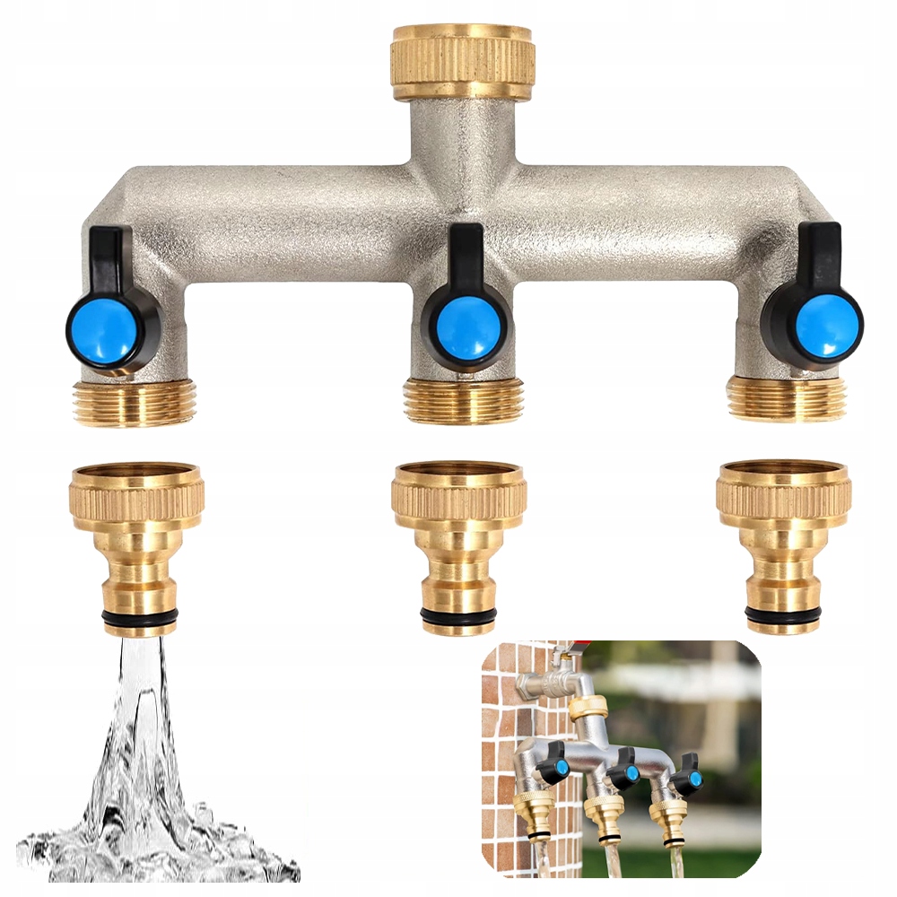 Rozdzielacz Kran 3-DROŻNY Mosiężny Zawory Ogrodowy Z 3/4" Mosiądz adapterem