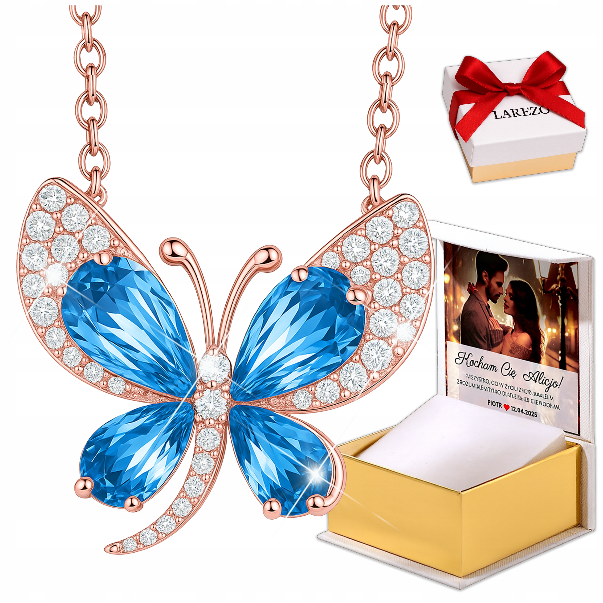 Náhrdelník Pozlacený 925 Modrý Křišťálový Motýl Motýlek Zirkony Potisk