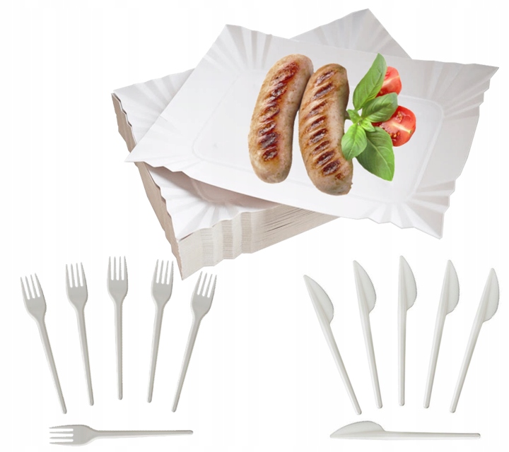 Zestaw grillowy 100x Tacki papierowe + Widelce + Noże plastikowe 300 el.
